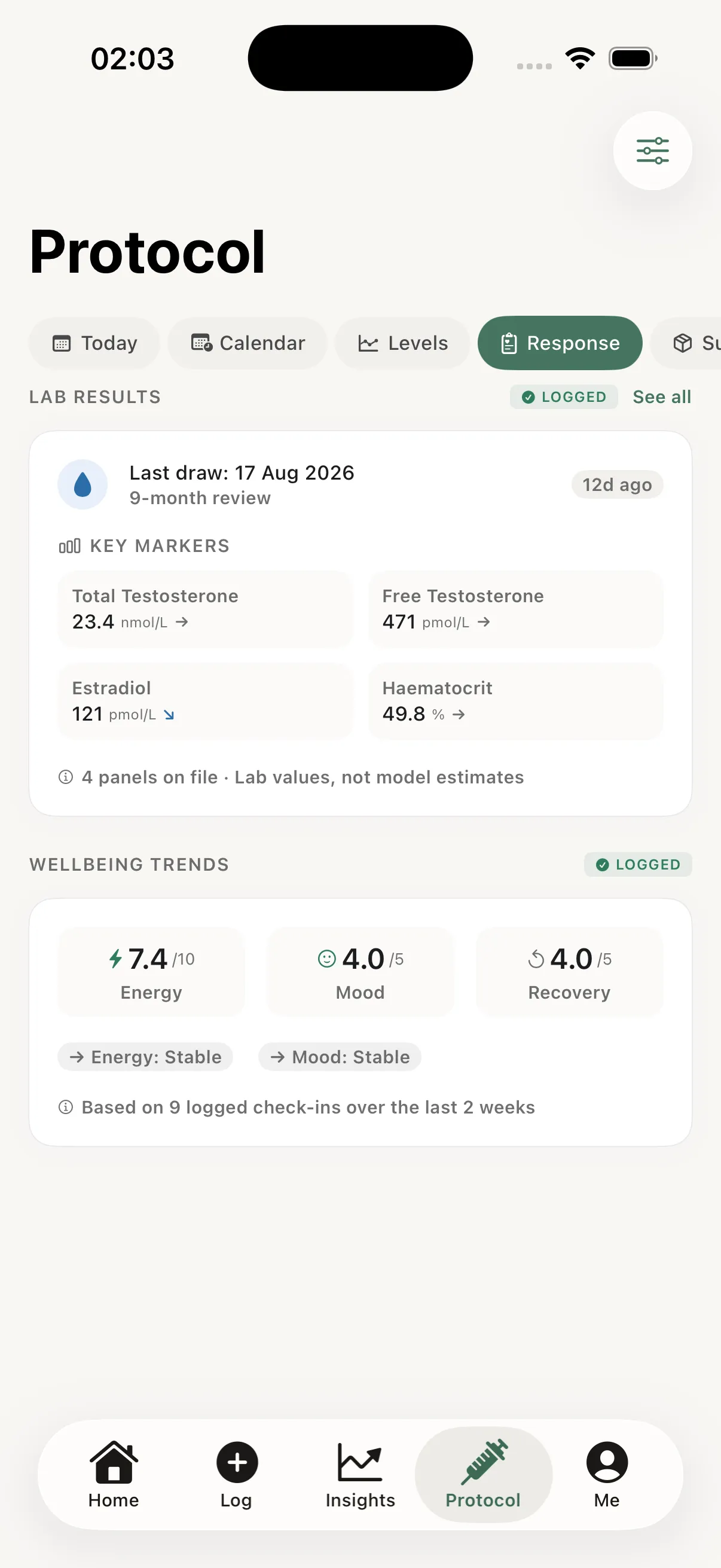 Lab results in Sequa: key markers from the most recent panel and wellbeing trends from logged check-ins