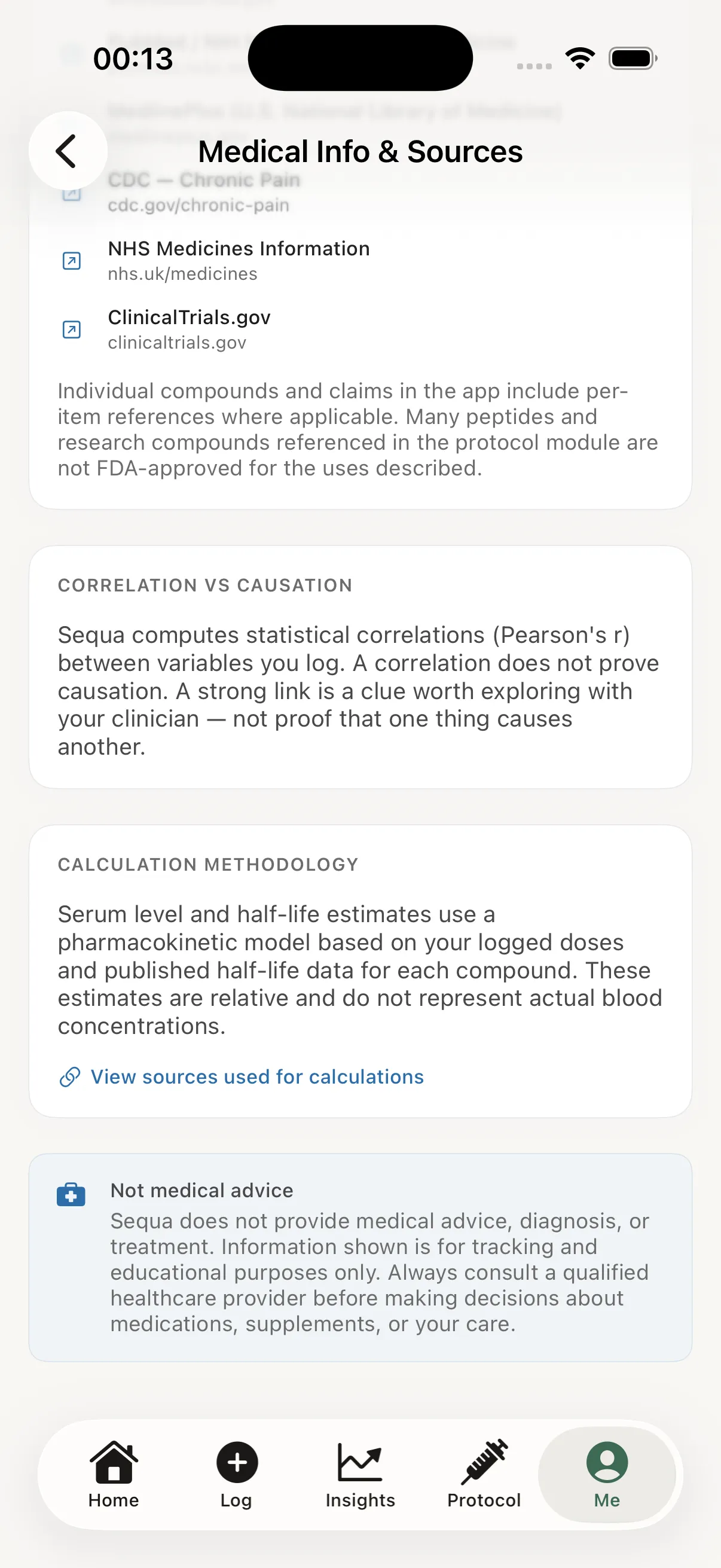 Medical Info and Sources in Sequa: linked references, a correlation versus causation note, the calculation methodology for modelled levels, and the not-medical-advice statement