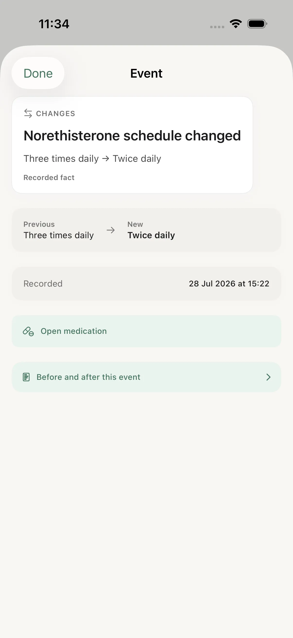 A Timeline event in Sequa: norethisterone schedule changed from three times daily to twice daily, recorded 28 July, with a link to what was recorded before and after this event