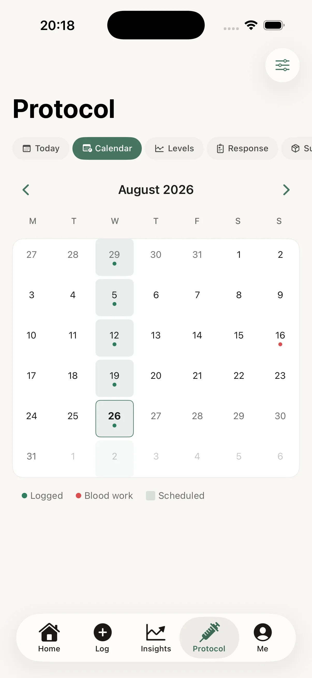 Protocol calendar for August with scheduled days shaded, logged doses marked and a blood work date flagged