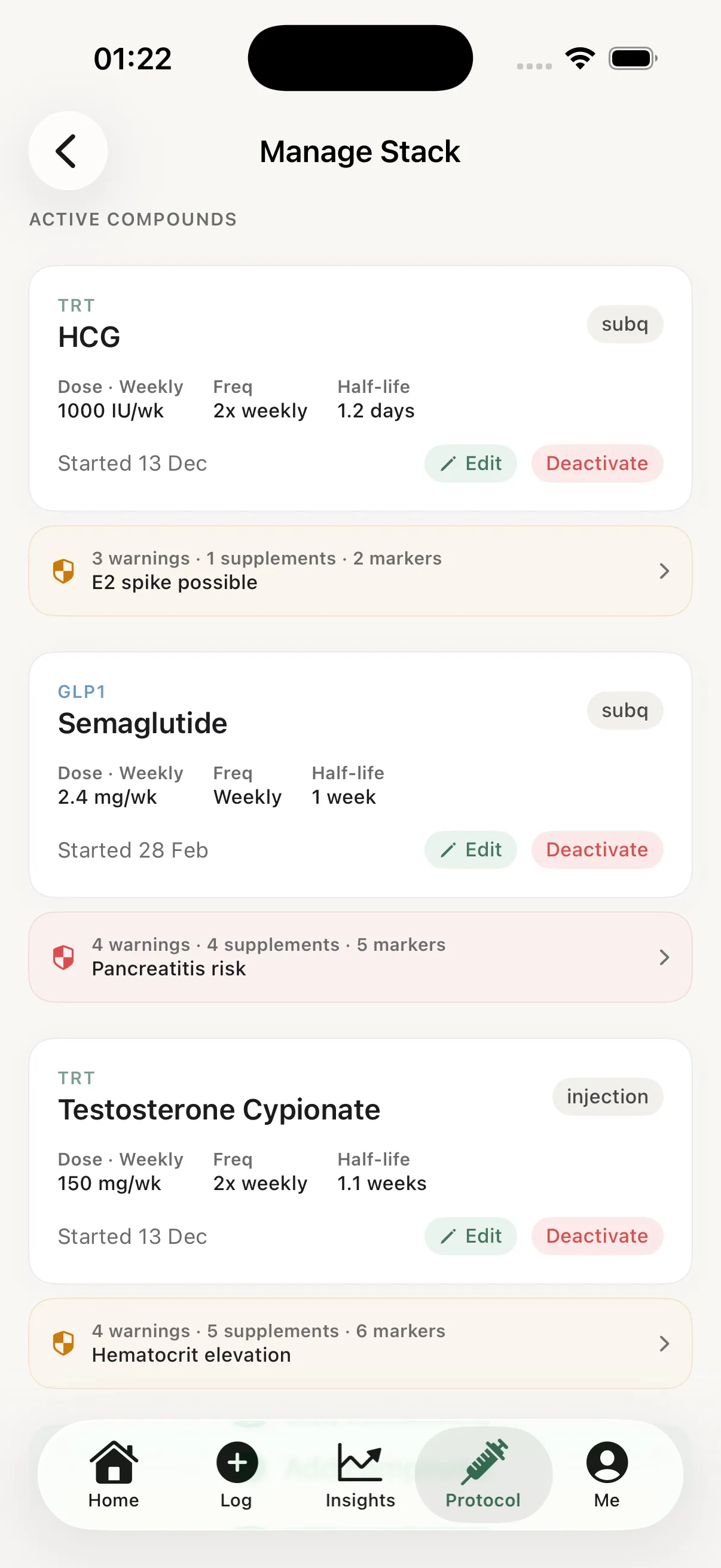 Manage Stack listing three active compounds, each with its weekly dose, frequency, half-life, route and start date