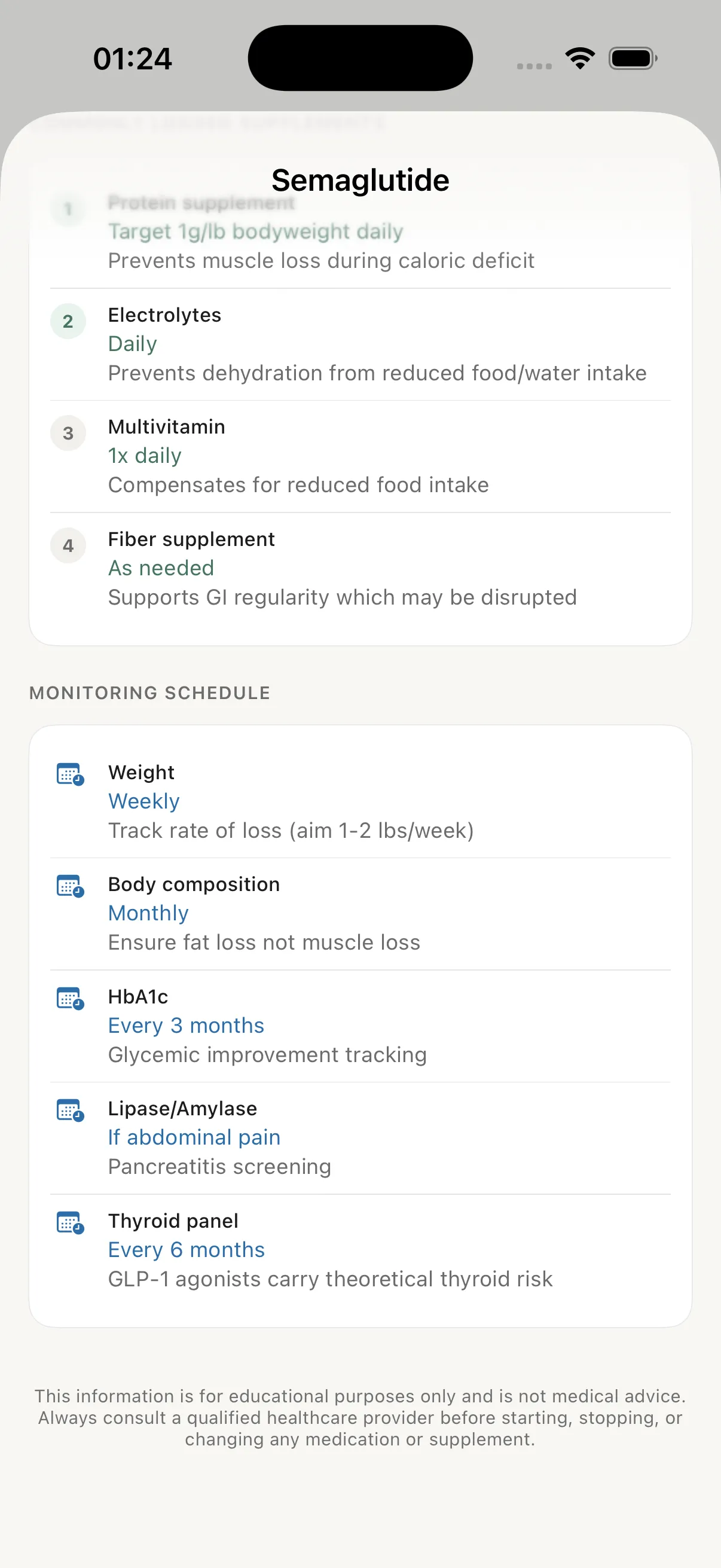 Monitoring schedule listing weight weekly, body composition monthly, HbA1c every three months and a thyroid panel every six months