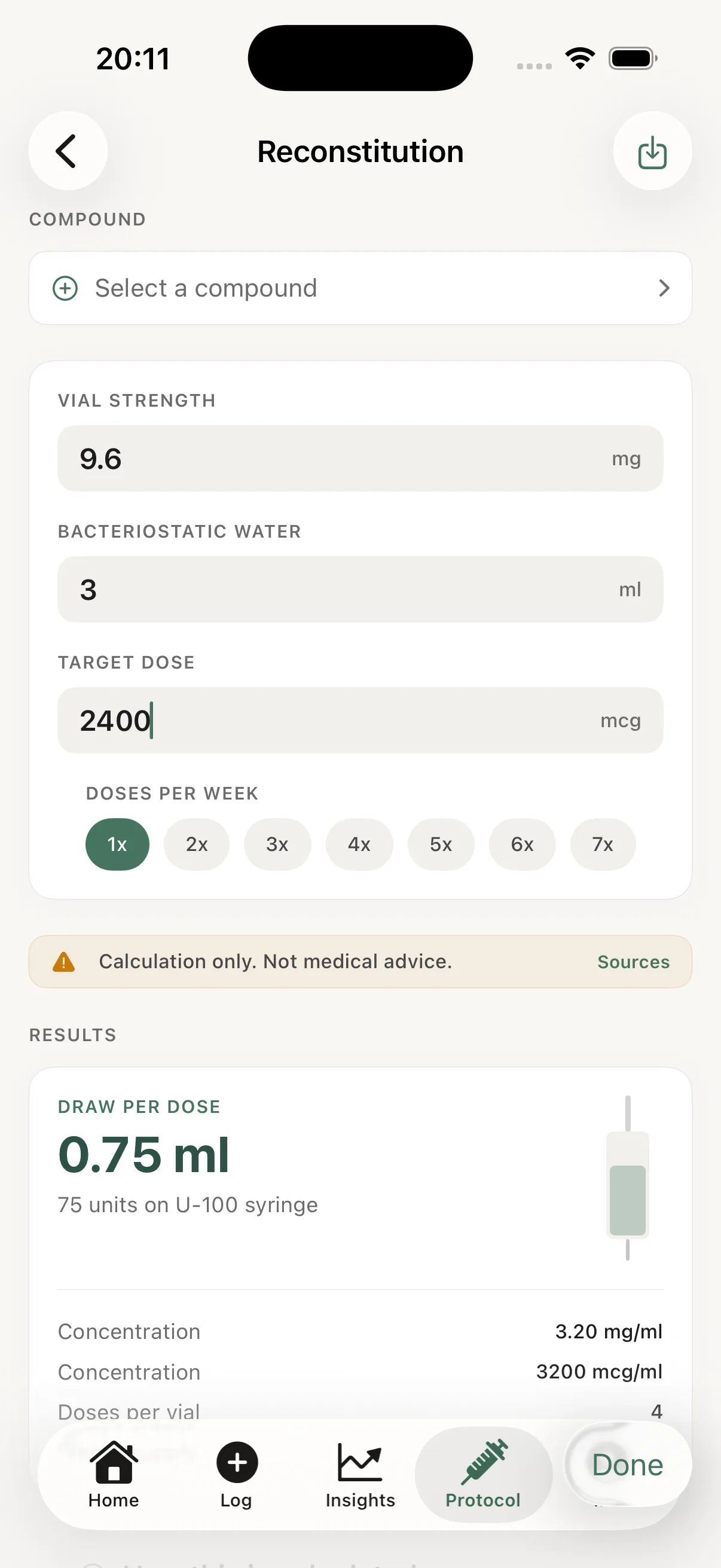 Reconstitution calculator converting a 9.6 mg vial and 3 ml of water into a 0.75 ml draw per dose, 75 units on a U-100 syringe