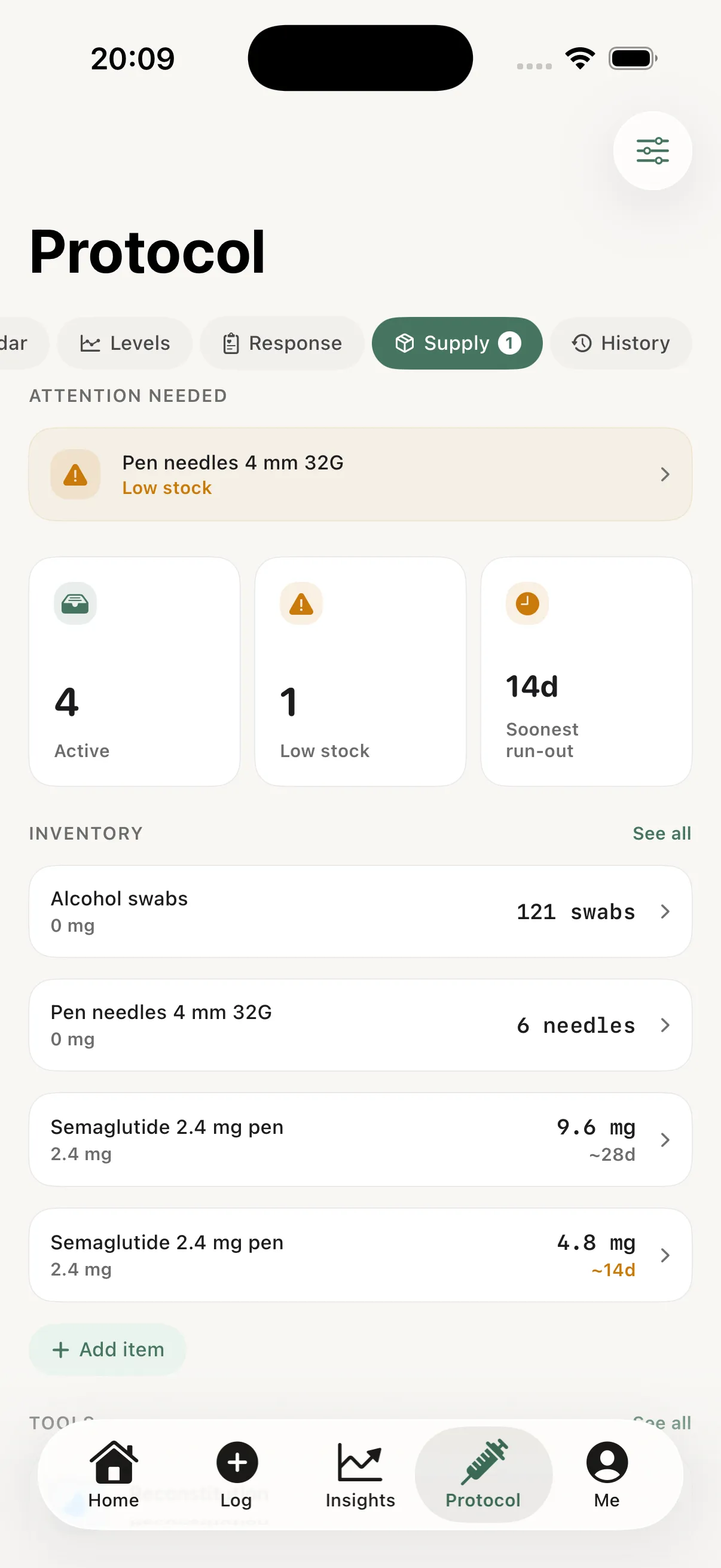 Supply tab showing one low-stock item flagged, four active items, a soonest run-out of fourteen days, and an inventory list with quantities and estimated days remaining