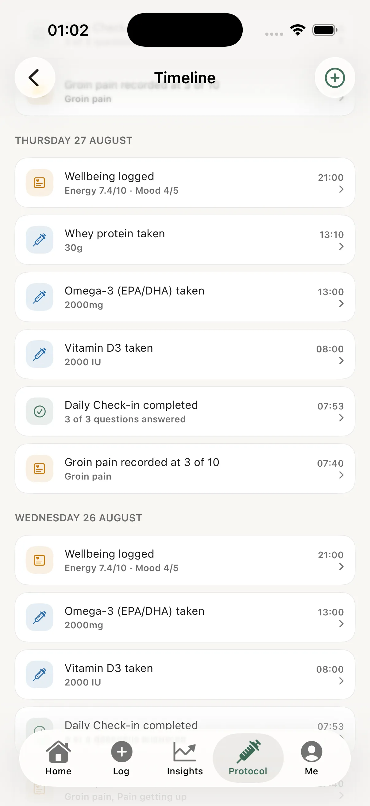 Sequa timeline scrolled back across two days, with wellbeing entries, supplements, a daily check-in and a symptom entry on one chronology