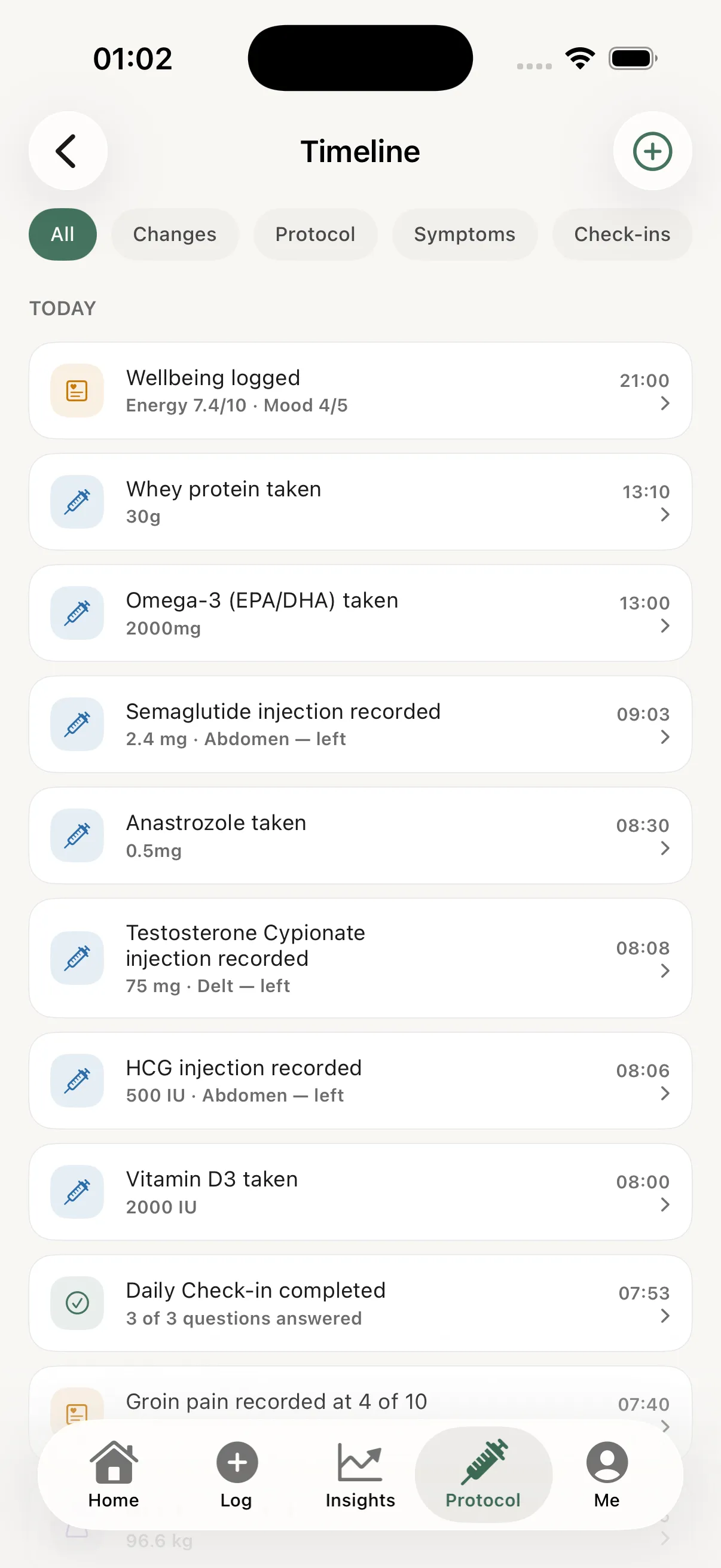 Timeline for a protocol user, showing a semaglutide injection, a testosterone cypionate injection with its site, an HCG injection, anastrozole and supplements alongside wellbeing and a symptom entry