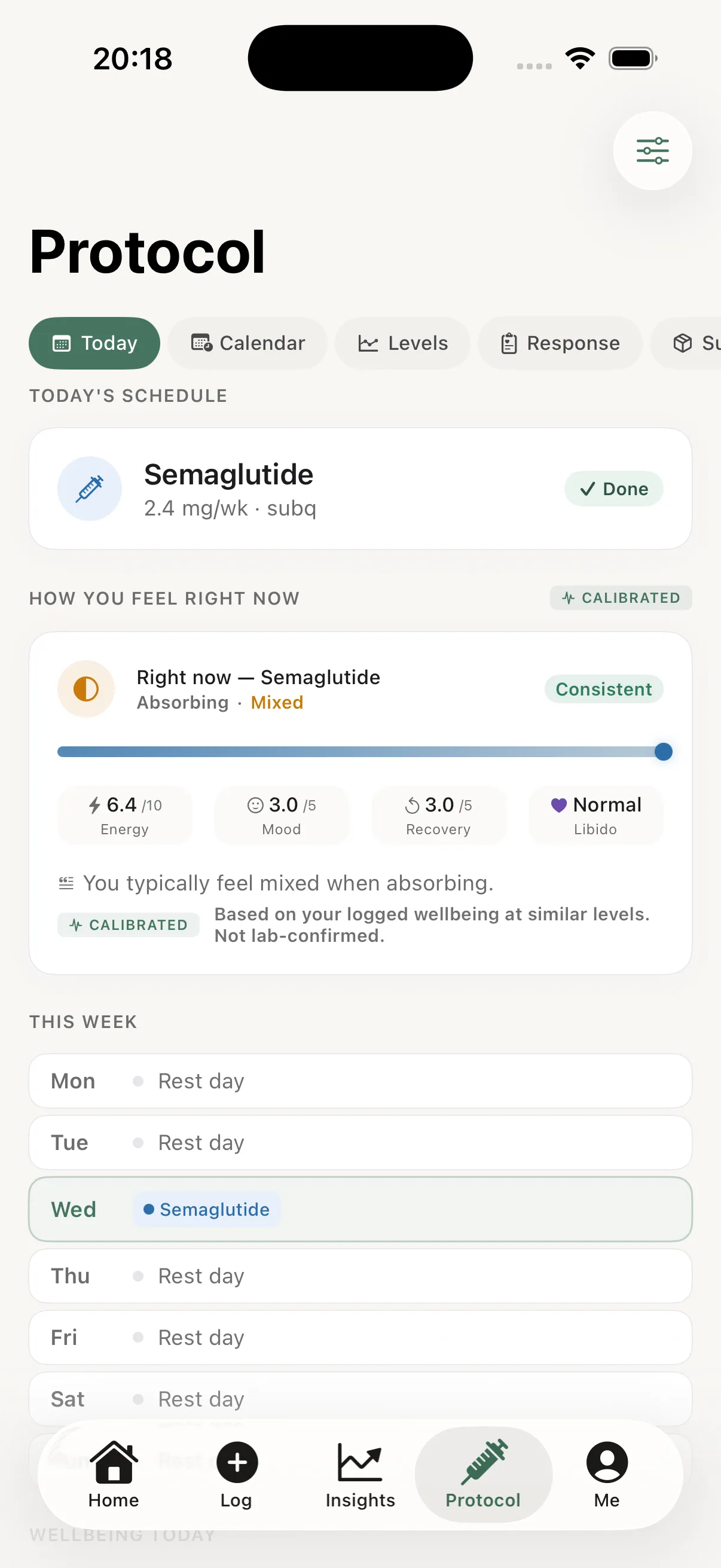 Today's schedule showing a semaglutide dose marked done, alongside the week ahead