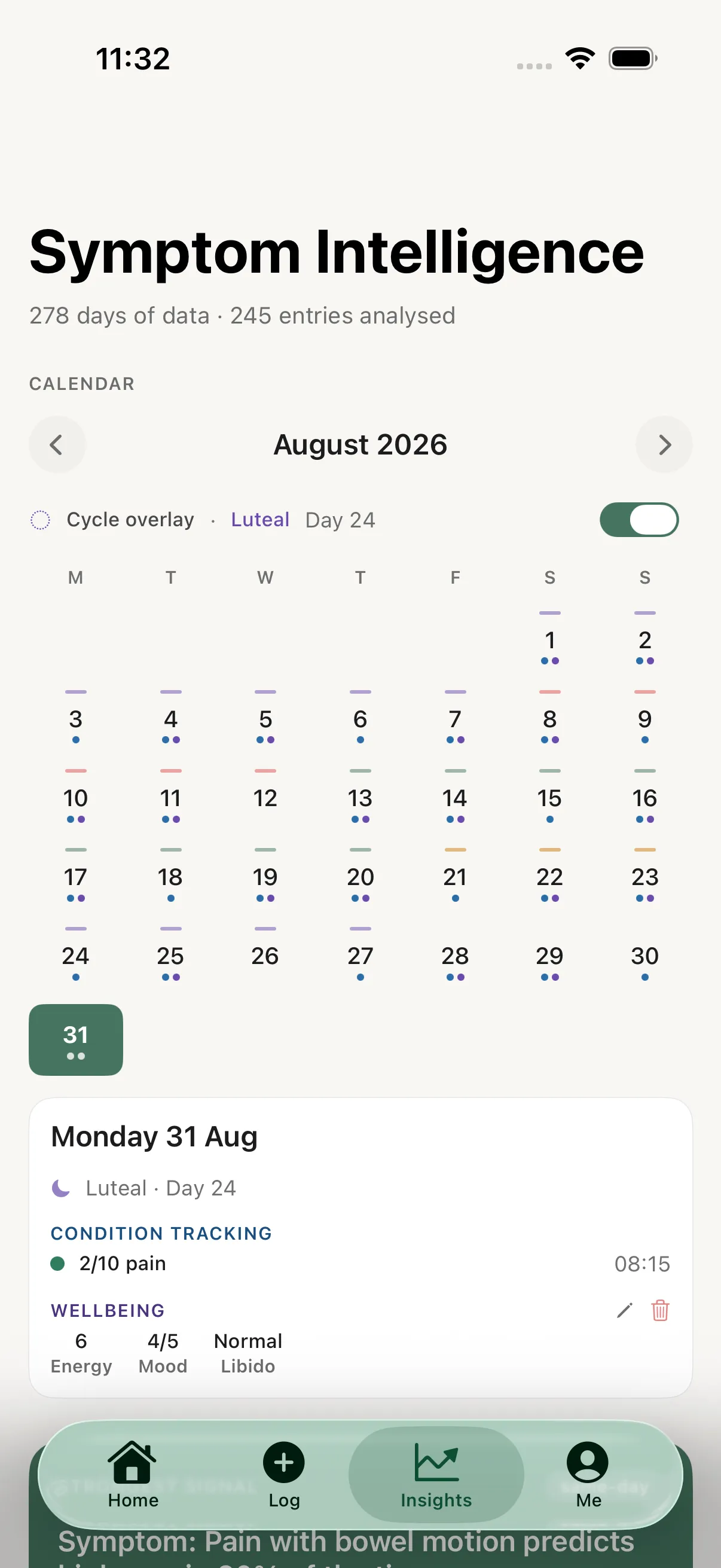 Symptom Intelligence in Sequa, showing 278 days of data across 245 entries with a month calendar of recorded entries and one day expanded